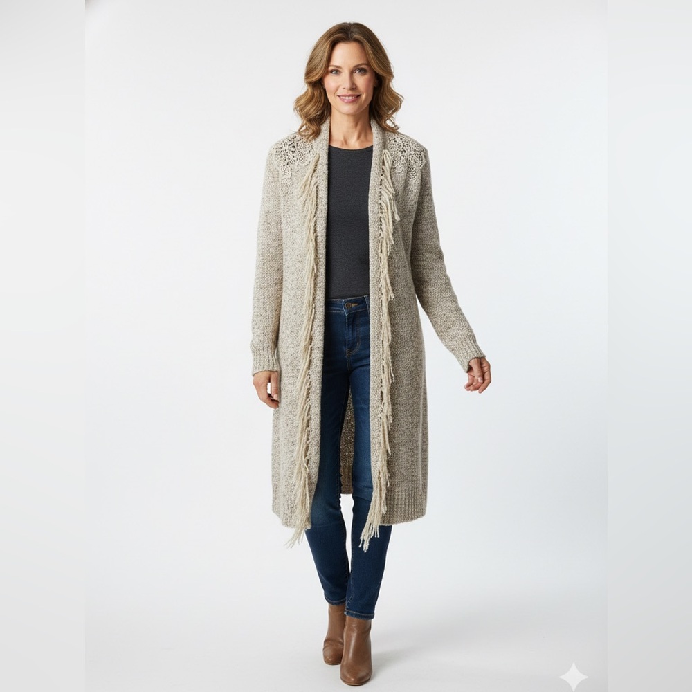 Chicos 1 Long Cardigan Sweater Boucle' Metallic Wool Blend Tassel Crochet